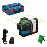 Alat perataan laser Bosch GLL 18V-120 beserta wadah dan aksesorinya.