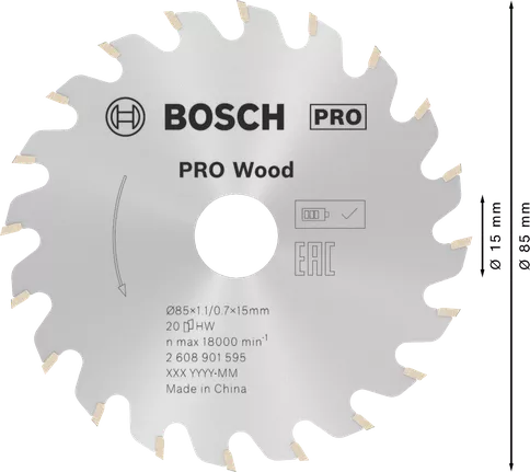 Mata Gergaji Sirkular PRO Wood, 85 x 1,1 x 15 mm, T20 Mata gergaji bundar Bosch PRO Wood 85 mm T20.