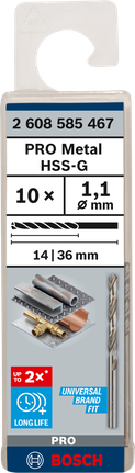 Mata Bor Puntir PRO Metal HSS-G Panjang Standar, 1,1 x 14 x 36 mm, 10 buah Mata bor Bosch PRO Metal HSS-G 1,1 mm isi 10