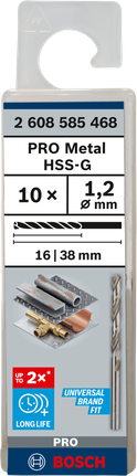 Mata Bor Puntir PRO Metal HSS-G Panjang Standar, 1,2 x 16 x 38 mm, 10 buah Mata bor putar Bosch PRO Metal HSS-G 1,2 mm isi 10