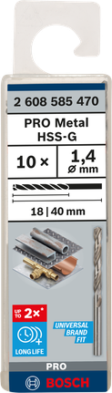 Mata Bor Puntir PRO Metal HSS-G Panjang Standar, 1,4 x 18 x 40 mm, 10 buah Mata bor Bosch PRO Metal HSS-G 1,4 mm isi 10