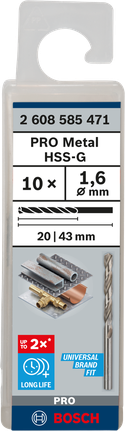 Mata Bor Puntir PRO Metal HSS-G Panjang Standar, 1,6 x 20 x 43 mm, 10 buah Mata bor putar Bosch PRO Metal HSS-G 1,6 mm isi 10