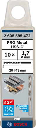Mata Bor Puntir PRO Metal HSS-G Panjang Standar, 1,7 x 20 x 43 mm, 10 buah Mata bor putar Bosch PRO Metal HSS-G 1,7 mm isi 10