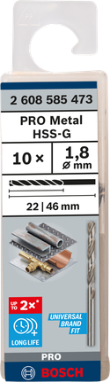 Mata Bor Puntir PRO Metal HSS-G Panjang Standar, 1,8 x 22 x 46 mm, 10 buah Mata bor Bosch PRO Metal HSS-G 1.8×46 mm isi 10