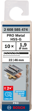 Mata Bor Puntir PRO Metal HSS-G Panjang Standar, 1,9 x 22 x 46 mm, 10 buah Mata bor Bosch PRO Metal HSS-G 1,9 mm isi 10