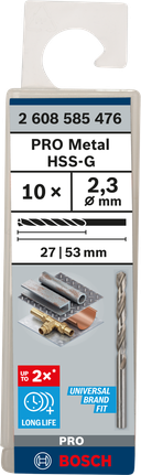 Mata Bor Puntir PRO Metal HSS-G Panjang Standar, 2,3 x 27 x 53 mm, 10 buah Mata bor Bosch PRO Metal HSS-G 2,3 mm isi 10