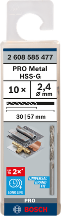 Mata Bor Puntir PRO Metal HSS-G Panjang Standar, 2,4 x 30 x 57 mm, 10 buah Mata bor Bosch PRO Metal HSS-G 2.4×57 mm isi 10