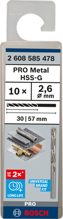 Mata Bor Puntir PRO Metal HSS-G Panjang Standar, 2,6 x 30 x 57 mm, 10 buah Mata bor putar Bosch PRO Metal HSS-G 2,6mm isi 10