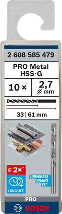 Mata Bor Puntir PRO Metal HSS-G Panjang Standar, 2,7 x 33 x 61 mm, 10 buah Mata bor Bosch PRO Metal HSS-G 2,7 mm isi 10.
