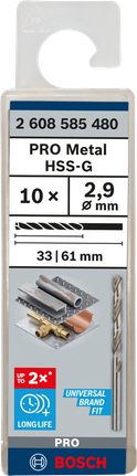 Mata Bor Puntir PRO Metal HSS-G Panjang Standar, 2,9 x 33 x 61 mm, 10 buah Mata bor Bosch PRO Metal HSS-G 2,9 mm isi 10.