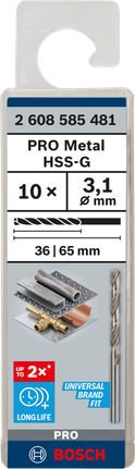 Mata Bor Puntir PRO Metal HSS-G Panjang Standar, 3,1 x 36 x 65 mm, 10 buah Bor putar Bosch PRO Metal HSS-G 3.1mm 10 pcs