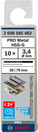 Mata Bor Puntir PRO Metal HSS-G Panjang Standar, 3,4 x 39 x 70 mm, 10 buah Mata bor putar Bosch PRO Metal HSS-G 3,4 mm isi 10.