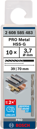 Mata Bor Puntir PRO Metal HSS-G Panjang Standar, 3,7 x 39 x 70 mm, 10 buah Mata bor Bosch PRO Metal HSS-G 3.7×70 mm 10 pcs