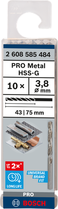 Mata Bor Puntir PRO Metal HSS-G Panjang Standar, 3,8 x 43 x 75 mm, 10 buah Mata bor Bosch PRO Metal HSS-G 3.8×75 mm isi 10