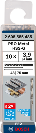 Mata Bor Puntir PRO Metal HSS-G Panjang Standar, 3,9 x 43 x 75 mm, 10 buah Mata bor putar Bosch PRO Metal HSS-G 3,9 mm isi 10