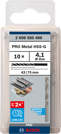Mata Bor Puntir PRO Metal HSS-G Panjang Standar, 4,1 x 43 x 75 mm, 10 buah Mata bor Bosch PRO Metal HSS-G 4,1 mm isi 10