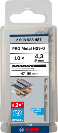 Mata Bor Puntir PRO Metal HSS-G Panjang Standar, 4,3 x 47 x 80 mm, 10 buah Set mata bor putar Bosch PRO Metal HSS-G 4,3 mm
