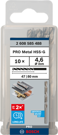 Mata Bor Puntir PRO Metal HSS-G Panjang Standar, 4,6 x 47 x 80 mm, 10 buah Paket mata bor Bosch PRO Metal HSS-G 4,6 mm.