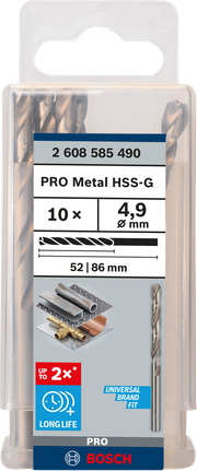 Mata Bor Puntir PRO Metal HSS-G Panjang Standar, 4,9 x 52 x 86 mm, 10 buah Set bor putar Bosch PRO Metal HSS-G 4,9 mm.