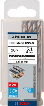 Mata Bor Puntir PRO Metal HSS-G Panjang Standar, 5,1 x 52 x 86 mm, 10 buah Paket mata bor Bosch PRO Metal HSS-G 5,1 mm.