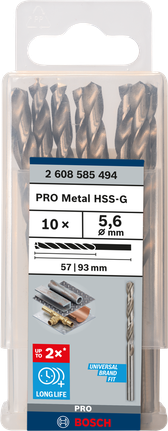 Mata Bor Puntir PRO Metal HSS-G Panjang Standar, 5,6 x 57 x 93 mm, 10 buah Set mata bor logam Bosch 5,6 mm.