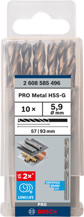 Mata Bor Puntir PRO Metal HSS-G Panjang Standar, 5,9 x 57 x 93 mm, 10 buah Mata bor putar Bosch PRO Metal HSS-G 5,9 mm isi 10