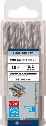 Mata Bor Puntir PRO Metal HSS-G Panjang Standar, 6,1 x 63 x 101 mm, 10 buah Set mata bor Bosch PRO Metal HSS-G 6,1 mm.