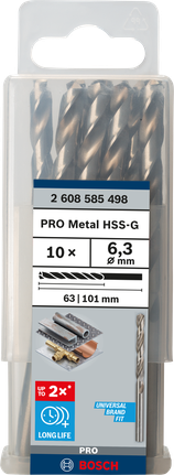Mata Bor Puntir PRO Metal HSS-G Panjang Standar, 6,3 x 63 x 101 mm, 10 buah Mata bor Bosch PRO Metal HSS-G 6,3mm isi 10