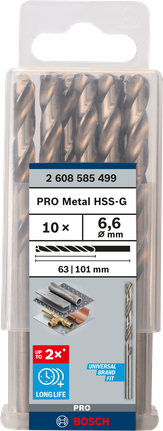 Mata Bor Puntir PRO Metal HSS-G Panjang Standar, 6,6 x 63 x 101 mm, 10 buah Mata bor putar Bosch PRO Metal HSS-G 6,6 mm isi 10.