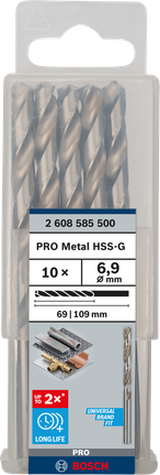 Mata Bor Puntir PRO Metal HSS-G Panjang Standar, 6,9 x 69 x 109 mm, 10 buah Paket mata bor Bosch PRO Metal HSS-G 6,9 mm