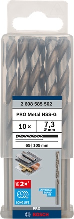 Mata Bor Puntir PRO Metal HSS-G Panjang Standar, 7,3 x 69 x 109 mm, 10 buah Set mata bor Bosch PRO Metal HSS-G 7,3 mm.