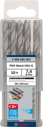 Mata Bor Puntir PRO Metal HSS-G Panjang Standar, 7,4 x 69 x 109 mm, 5 buah Paket mata bor Bosch PRO Metal HSS-G 7,4 mm.