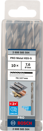 Mata Bor Puntir PRO Metal HSS-G Panjang Standar, 7,6 x 75 x 117 mm, 10 buah Paket mata bor Bosch PRO Metal HSS-G 7,6 mm