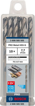 Mata Bor Puntir PRO Metal HSS-G Panjang Standar, 7,7 x 75 x 117 mm, 10 buah Paket mata bor putar Bosch PRO Metal HSS-G 7,7 mm.