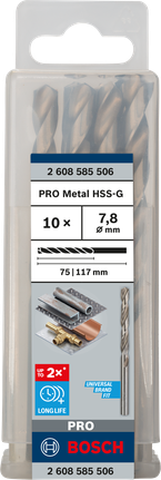 Mata Bor Puntir PRO Metal HSS-G Panjang Standar, 7,8 x 75 x 117 mm, 10 buah Mata bor Bosch PRO Metal HSS-G 7,8×75×117 mm