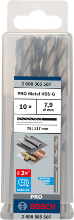 Mata Bor Puntir PRO Metal HSS-G Panjang Standar, 7,9 x 75 x 117 mm, 10 buah Mata bor putar Bosch PRO Metal HSS-G 7,9 mm isi 10