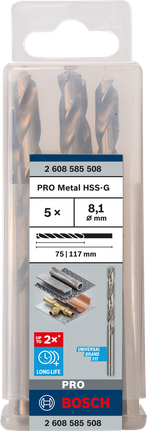 Mata Bor Puntir PRO Metal HSS-G Panjang Standar, 8,1 x 75 x 117 mm, 5 buah Mata bor putar Bosch PRO Metal HSS-G 8,1 mm isi 5