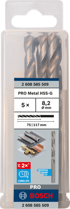 Mata Bor Puntir PRO Metal HSS-G Panjang Standar, 8,2 x 75 x 117 mm, 5 buah Paket mata bor Bosch PRO Metal HSS-G 8,2 mm