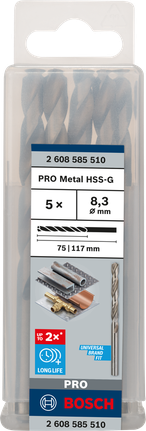 Mata Bor Puntir PRO Metal HSS-G Panjang Standar, 8,3 x 75 x 117 mm, 5 buah Mata bor Bosch PRO Metal HSS-G 8.3×75×117 mm 5 pcs.