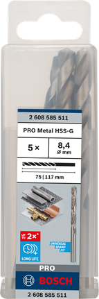 Mata Bor Puntir PRO Metal HSS-G Panjang Standar, 8,4 x 75 x 117 mm, 5 buah Mata bor Bosch PRO Metal HSS-G 8,4 mm isi 5
