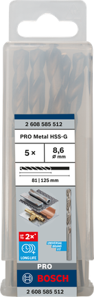 Mata Bor Puntir PRO Metal HSS-G Panjang Standar, 8,6 x 81 x 125 mm, 5 buah Set mata bor Bosch PRO Metal HSS-G 8,6 mm.