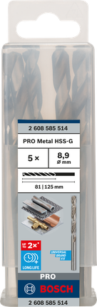 Mata Bor Puntir PRO Metal HSS-G Panjang Standar, 8,9 x 81 x 125 mm, 5 buah Mata bor Bosch PRO Metal HSS-G 8,9 mm isi 5