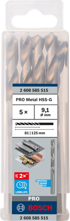 Mata Bor Puntir PRO Metal HSS-G Panjang Standar, 9,1 x 81 x 125 mm, 5 buah Mata bor putar Bosch PRO Metal HSS-G 9,1 mm isi 5