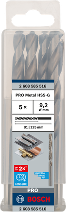 Mata Bor Puntir PRO Metal HSS-G Panjang Standar, 9,2 x 81 x 125 mm, 5 buah Paket mata bor Bosch PRO Metal HSS-G 9,2 mm