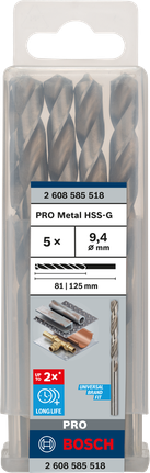 Mata Bor Puntir PRO Metal HSS-G Panjang Standar, 9,4 x 81 x 125 mm, 5 buah Set mata bor logam Bosch HSS-G 9,4 mm isi 5 pcs.