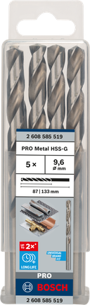 Mata Bor Puntir PRO Metal HSS-G Panjang Standar, 9,6 x 87 x 133 mm, 5 buah Mata bor putar Bosch PRO Metal HSS-G 9,6 mm isi 5.