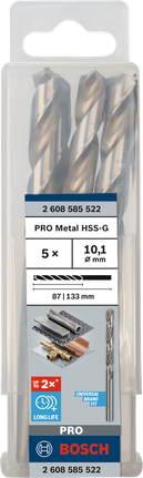 Mata Bor Puntir PRO Metal HSS-G Panjang Standar, 10,1 x 87 x 133 mm, 5 buah Mata bor Bosch PRO Metal HSS-G 10,1 mm isi 5.