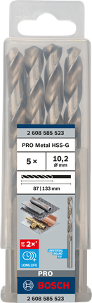 Mata Bor Puntir PRO Metal HSS-G Panjang Standar, 10,2 x 87 x 133 mm, 5 buah Mata bor Bosch PRO Metal HSS-G 10,2 mm isi 5