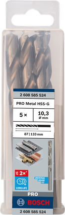 Mata Bor Puntir PRO Metal HSS-G Panjang Standar, 10,3 x 87 x 133 mm, 5 buah Set mata bor Bosch PRO Metal HSS-G 10,3 mm.