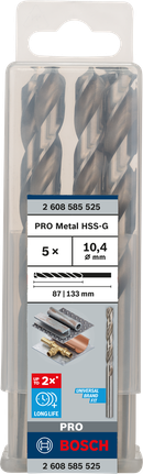 Mata Bor Puntir PRO Metal HSS-G Panjang Standar, 10,4 x 87 x 133 mm, 5 buah Set mata bor Bosch PRO Metal HSS-G 10,4 mm
